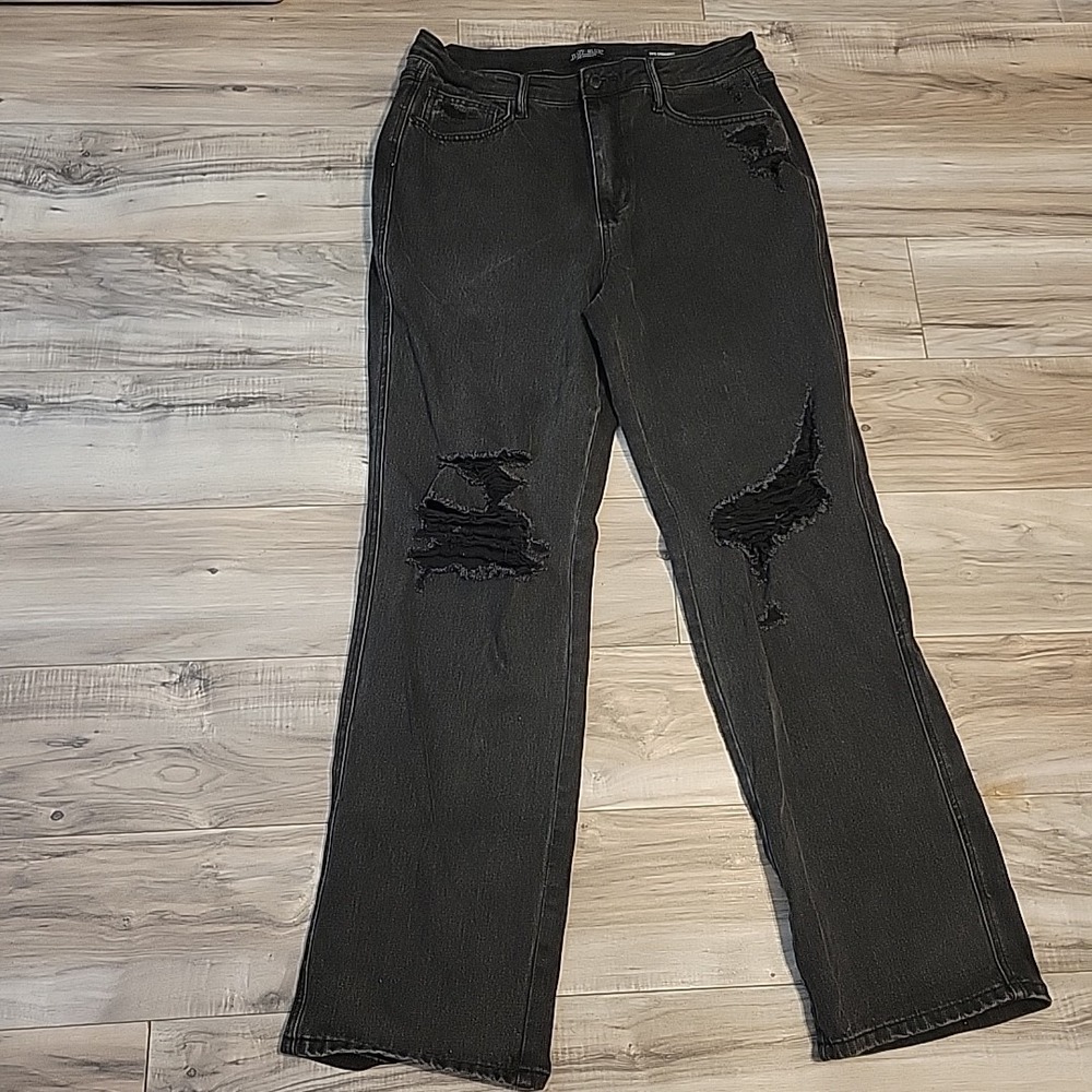 Judy Blue Jeans Womens 15/32 Black Washed Distressed Denim High Rise‎ Straight - Picture 2 of 12